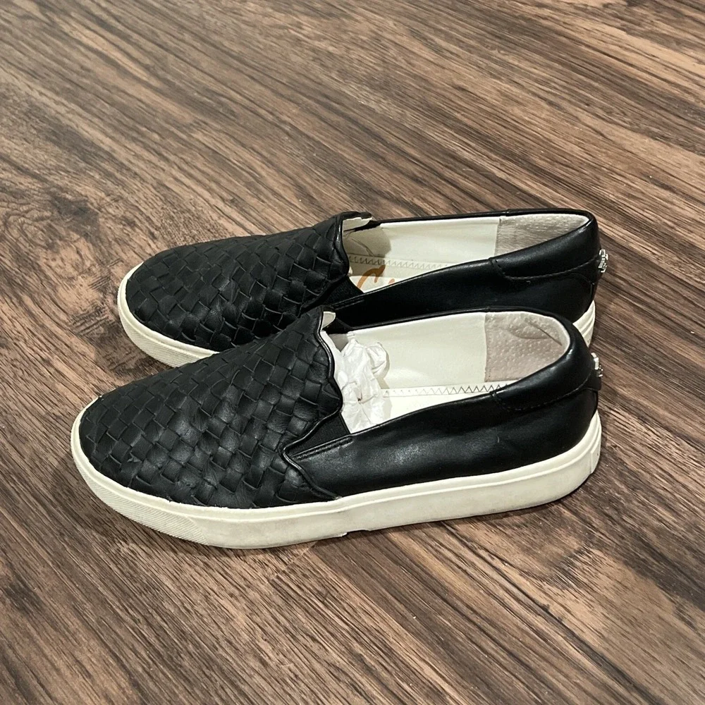 Women's Sam Edelman Eda Shoes Size 7 Black Leather Slip On Sneakers Loafers EUC